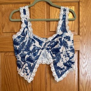 Blue and White Lace Trimmed Women's Top